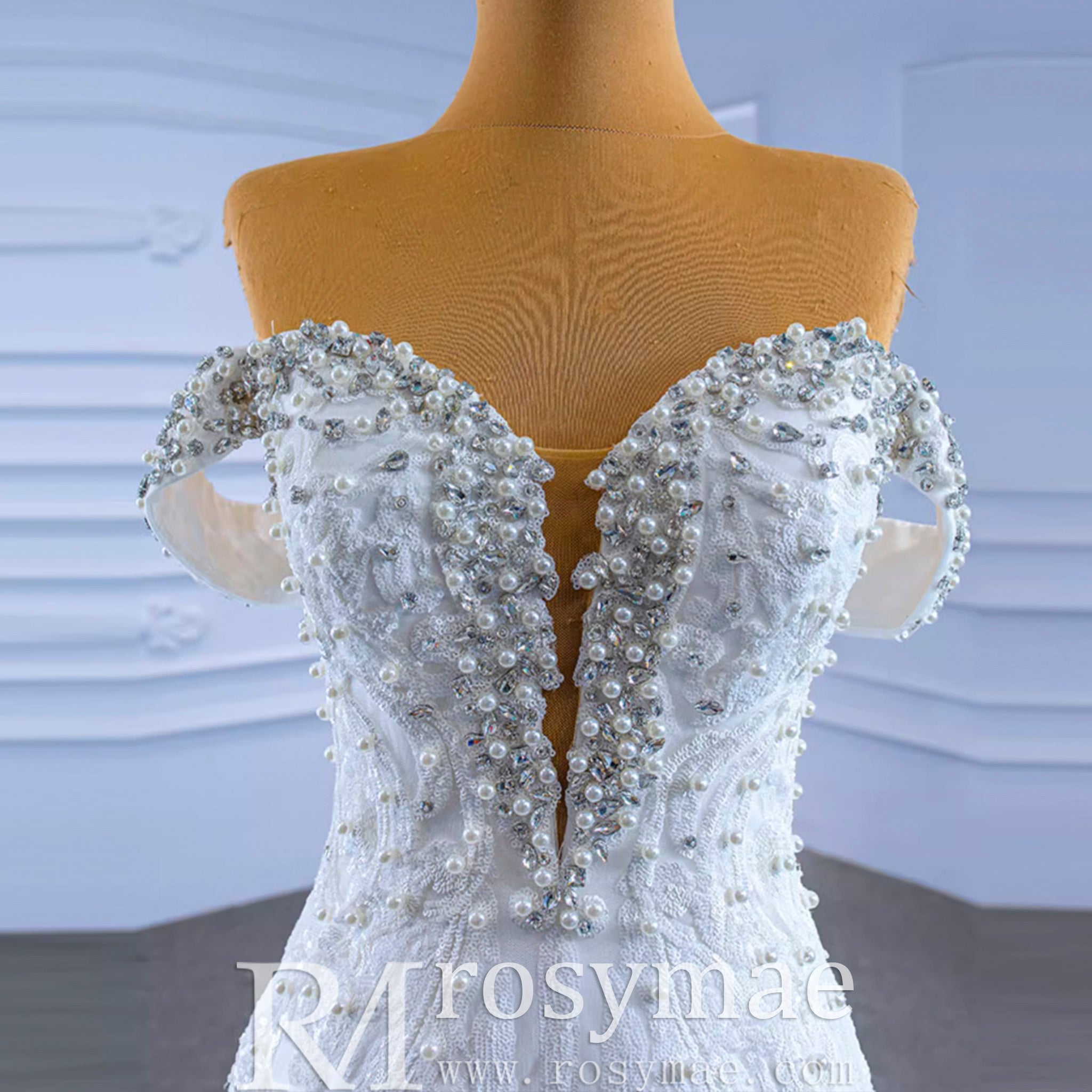 Luxury Handmade Pearl Wedding Dress with Detachable Skirt - Rosymae