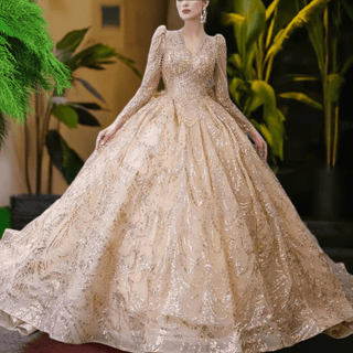 Luxury Long Sleeve Gold Ball Gown Puffy Skirt Big Wedding Dress with Bow - Rosymae