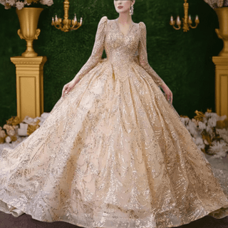 Luxury Long Sleeve Gold Ball Gown Puffy Skirt Big Wedding Dress with Bow - Rosymae
