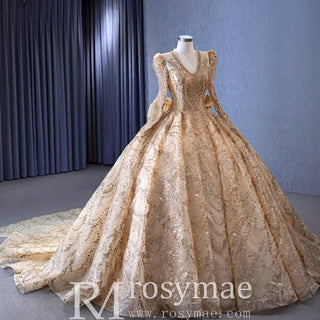 Luxury Long Sleeve Gold Ball Gown Puffy Skirt Big Wedding Dress with Bow - Rosymae