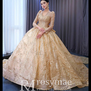 Luxury Long Sleeve Gold Ball Gown Puffy Skirt Big Wedding Dress with Bow - Rosymae