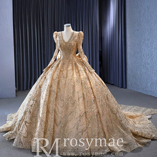 Luxury Long Sleeve Gold Ball Gown Puffy Skirt Big Wedding Dress with Bow - Rosymae