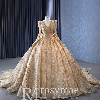 Luxury Long Sleeve Gold Ball Gown Puffy Skirt Big Wedding Dress with Bow - Rosymae