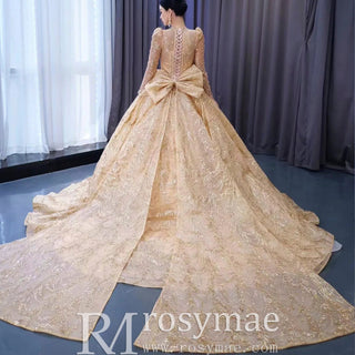 Luxury Long Sleeve Gold Ball Gown Puffy Skirt Big Wedding Dress with Bow - Rosymae