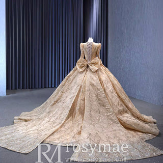 Luxury Long Sleeve Gold Ball Gown Puffy Skirt Big Wedding Dress with Bow - Rosymae