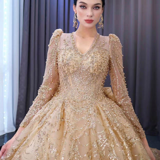 Luxury Long Sleeve Gold Ball Gown Puffy Skirt Big Wedding Dress with Bow - Rosymae