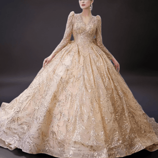 Luxury Long Sleeve Gold Ball Gown Puffy Skirt Big Wedding Dress with Bow - Rosymae