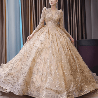 Luxury Long Sleeve Gold Ball Gown Puffy Skirt Big Wedding Dress with Bow - Rosymae