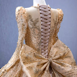 Luxury Long Sleeve Gold Ball Gown Puffy Skirt Big Wedding Dress with Bow - Rosymae