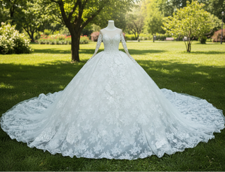 Floral Lace Ball Gown Puffy Skirt Wedding Dress with Long Sleeve