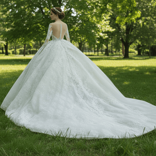 Luxury Long Sleeve Puff Ballgown Wedding Dress with Big train - Rosymae