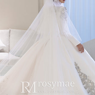 Long Sleeve Satin Wedding Dress Ball Gown Bridal Gown with Deep Vneck.