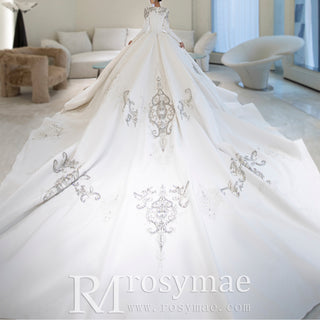 Long Sleeve Satin Wedding Dress Ball Gown Bridal Gown with Deep Vneck