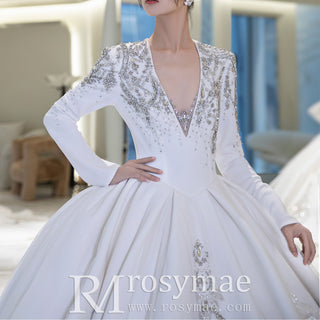 Long Sleeve Satin Wedding Dress Ball Gown Bridal Gown with Deep Vneck