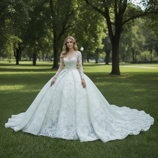 Long Sleeve Lace Ball Gown Wedding Dresses with Puffy Skirt