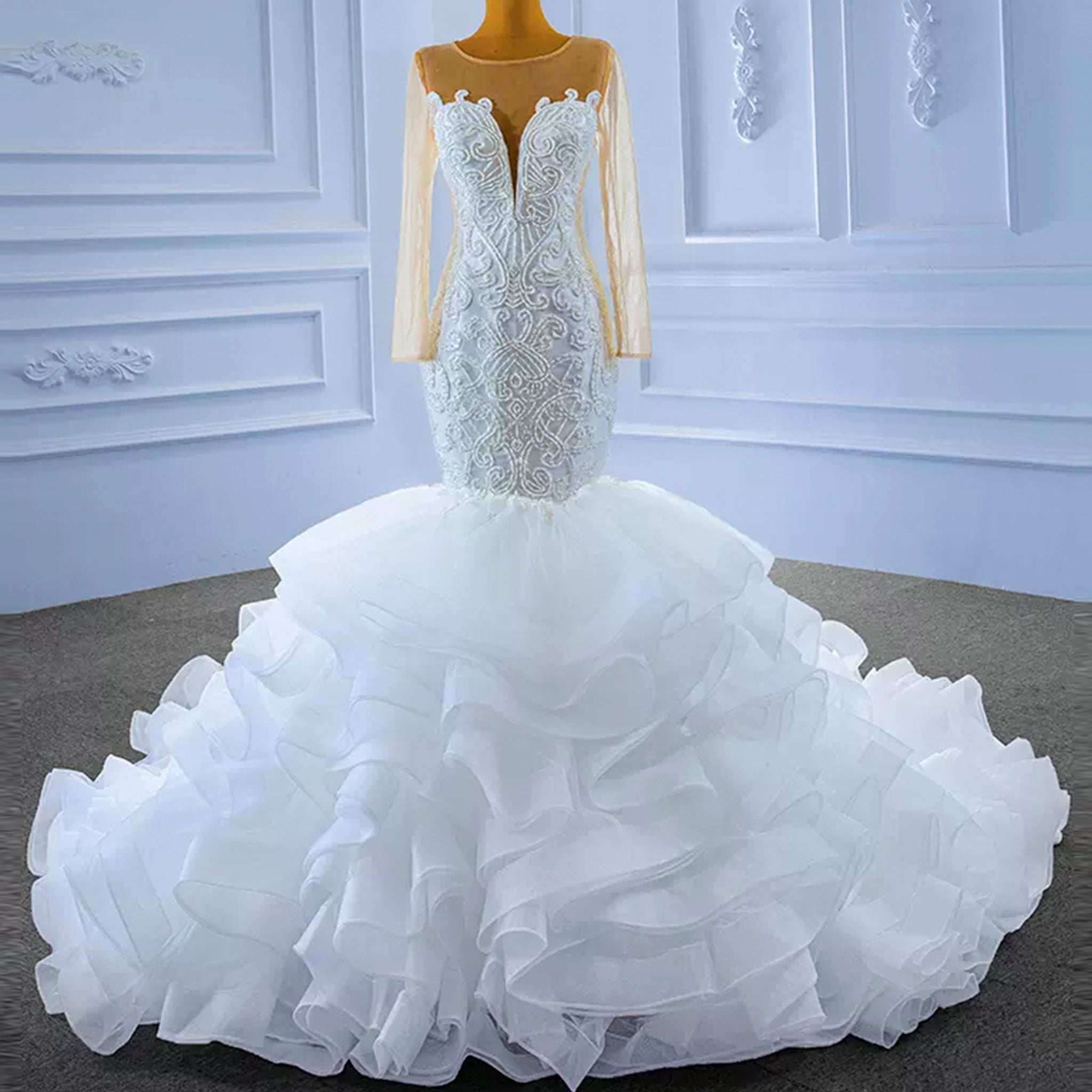 Luxury Mermaid Ruffle Wedding Dress with Long Sleeves - Rosymae