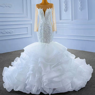 Luxury Mermaid Ruffle Wedding Dress with Long Sleeves - Rosymae