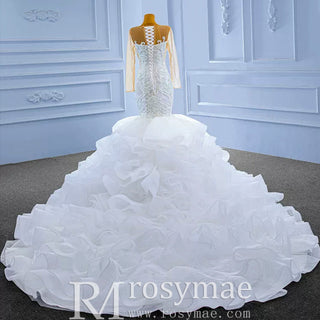 Luxury Mermaid Ruffle Wedding Dress with Long Sleeves - Rosymae