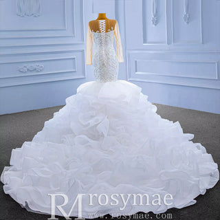 Luxury Mermaid Ruffle Wedding Dress with Long Sleeves - Rosymae