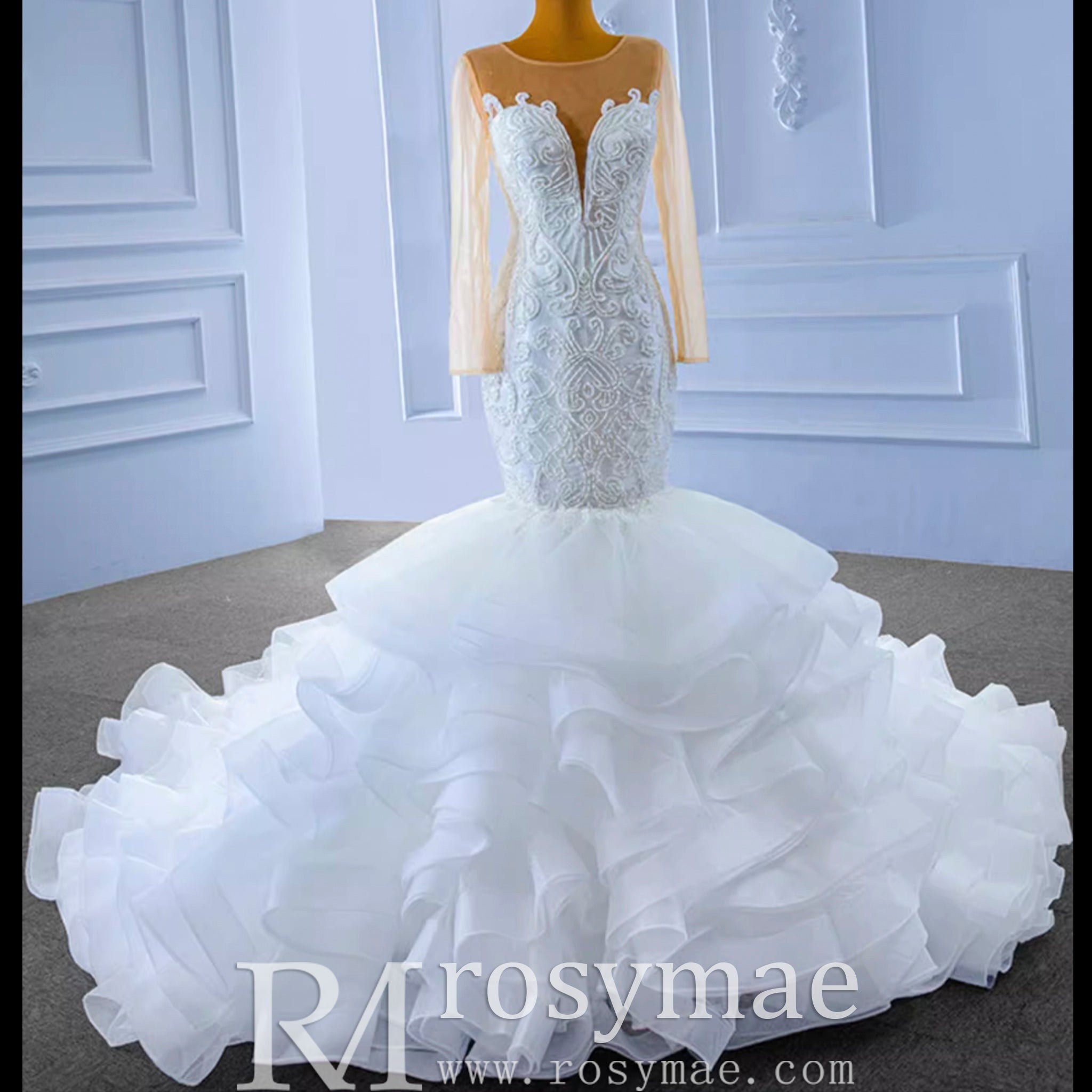 Luxury Mermaid Ruffle Wedding Dress with Long Sleeves - Rosymae