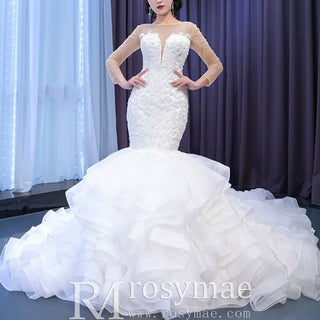 Luxury Mermaid Ruffle Wedding Dress with Long Sleeves - Rosymae