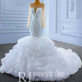 Luxury Mermaid Ruffle Wedding Dress with Long Sleeves - Rosymae