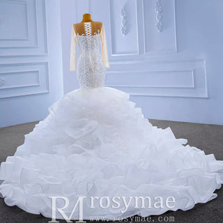 Luxury Mermaid Ruffle Wedding Dress with Long Sleeves - Rosymae