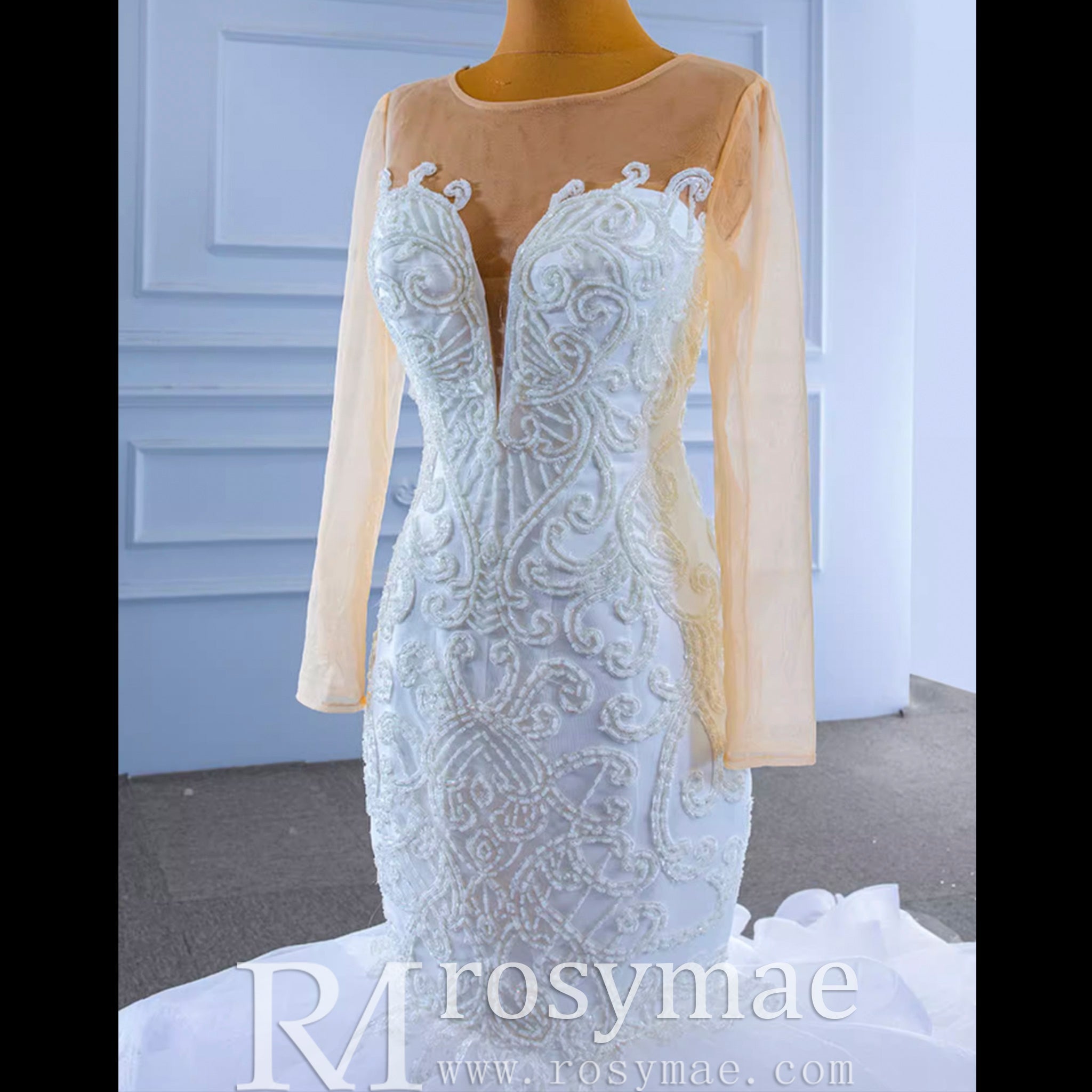 Luxury Mermaid Ruffle Wedding Dress with Long Sleeves - Rosymae