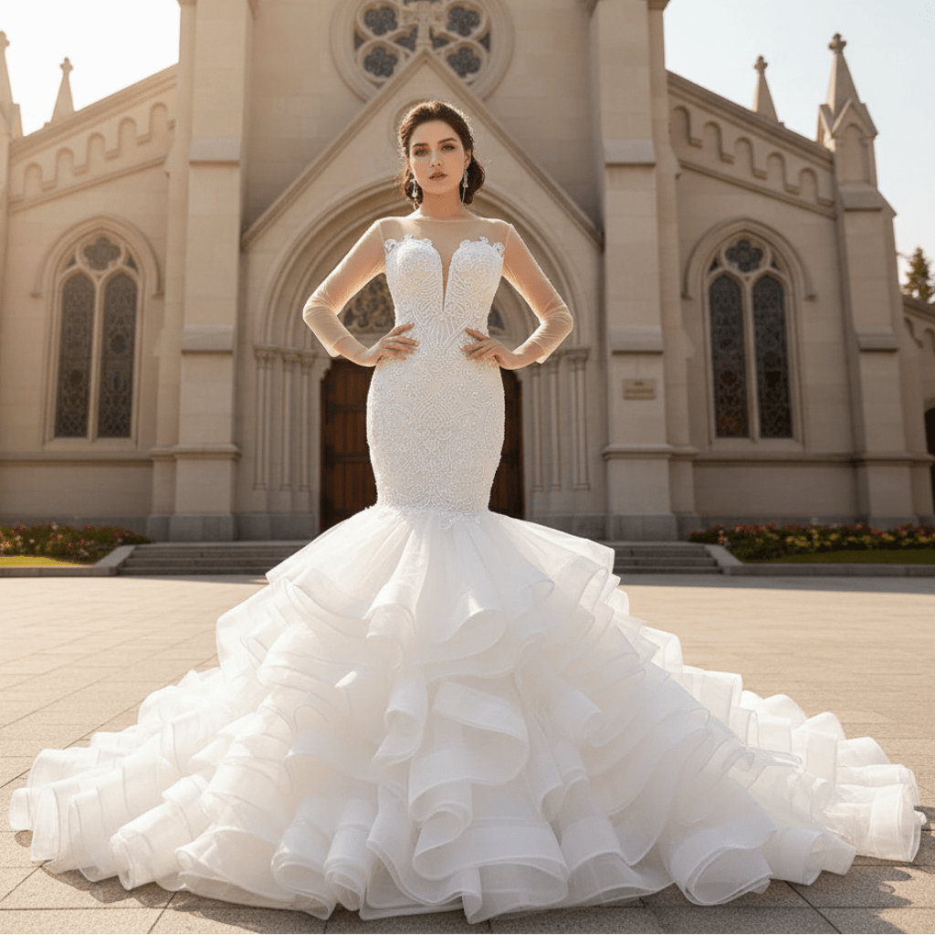 Luxury Mermaid Ruffle Wedding Dress with Long Sleeves - Rosymae