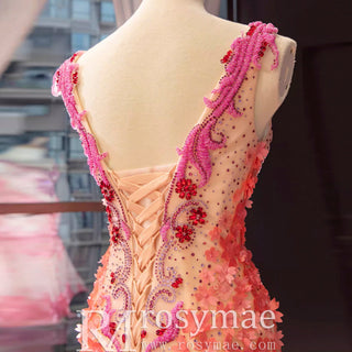 Luxury Mermaid Satin Peach V-neck Beading Prom Dress - Rosymae