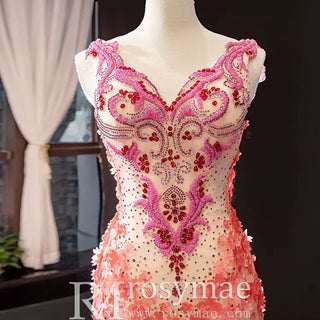 Luxury Mermaid Satin Peach V-neck Beading Prom Dress - Rosymae