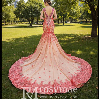 Luxury Mermaid Satin Peach V-neck Beading Prom Dress - Rosymae