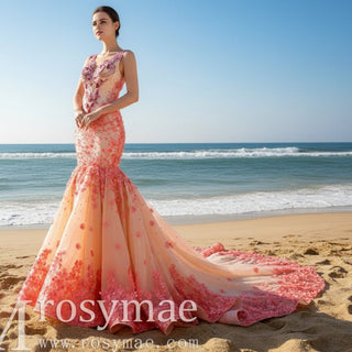 Luxury Mermaid Satin Peach V-neck Beading Prom Dress - Rosymae