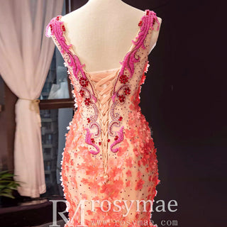 Luxury Mermaid Satin Peach V-neck Beading Prom Dress - Rosymae