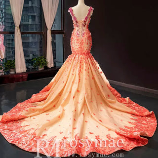 Luxury Mermaid Satin Peach V-neck Beading Prom Dress - Rosymae