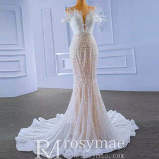 Luxury Mermaid Sequins Beading Pearls Wedding Dress - Rosymae