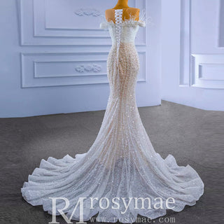 Luxury Mermaid Sequins Beading Pearls Wedding Dress - Rosymae