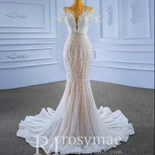 Luxury Mermaid Sequins Beading Pearls Wedding Dress - Rosymae