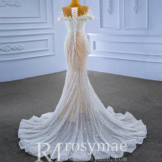 Luxury Mermaid Sequins Beading Pearls Wedding Dress - Rosymae