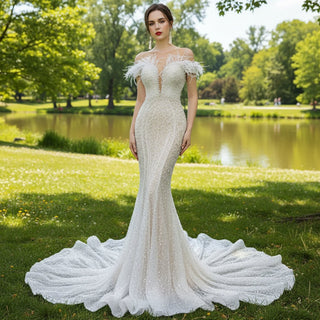 Luxury Mermaid Sequins Beading Pearls Wedding Dress - Rosymae