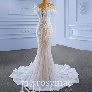 Luxury Mermaid Sequins Beading Pearls Wedding Dress - Rosymae
