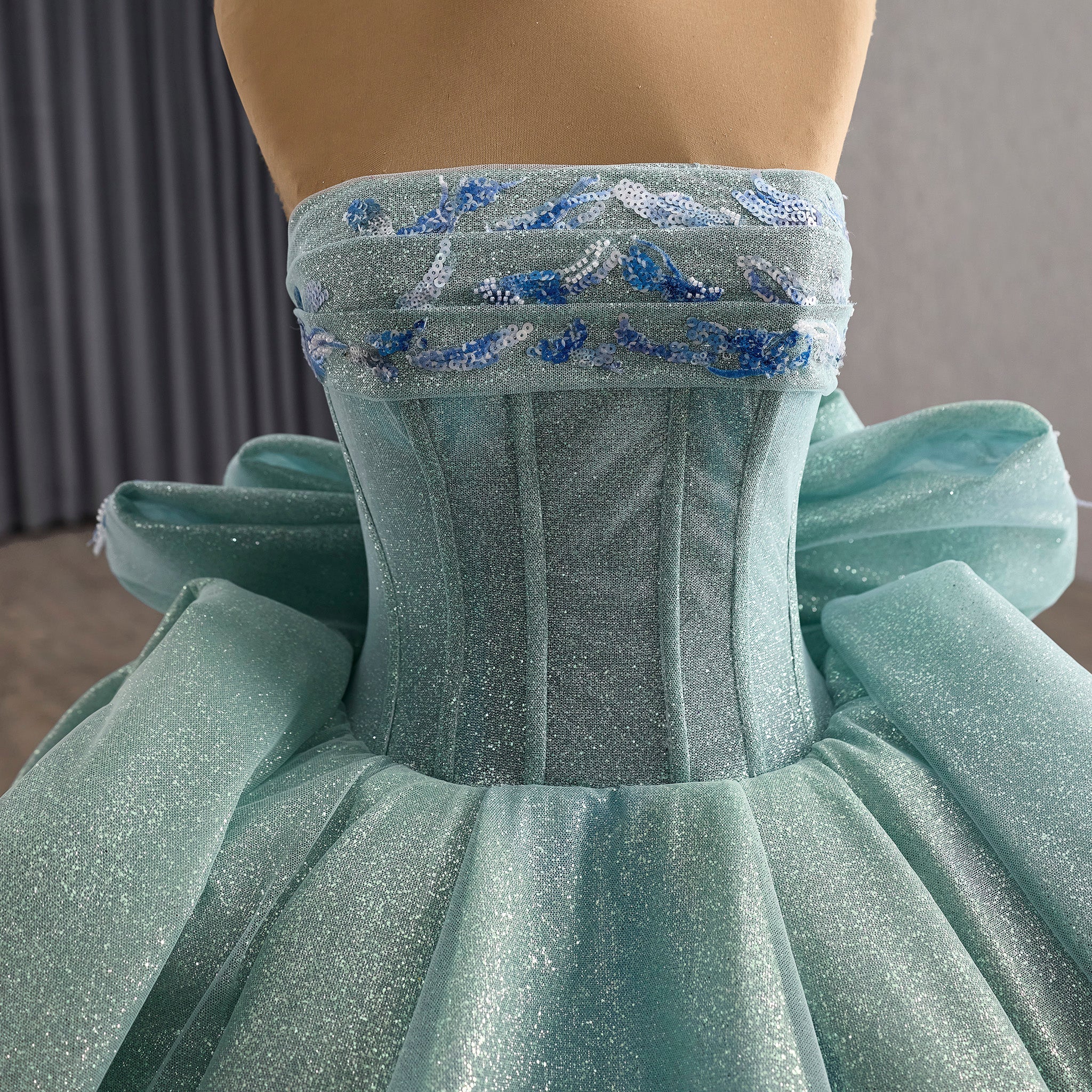 Luxury Mint Green Handmade Glitter Sequins Ball Gown Quinceanera Dress - Rosymae