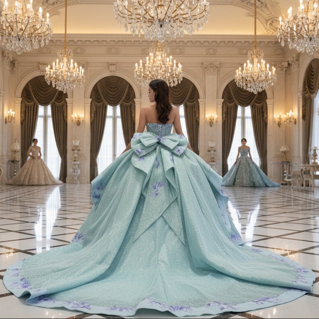 Luxury Mint Green Handmade Glitter Sequins Ball Gown Quinceanera Dress - Rosymae