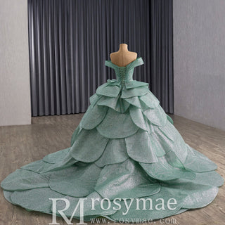 Luxury Mint Off-the-Shoulder Sequin Dress for Prom or Quinceañera - Rosymae