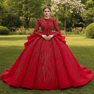 Luxury Modest High Neck Ball Gown Wedding Dress with Long Sleeve - Rosymae