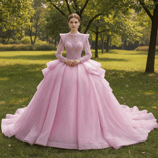 Luxury Modest High Neck Ball Gown Wedding Dress with Long Sleeve - Rosymae