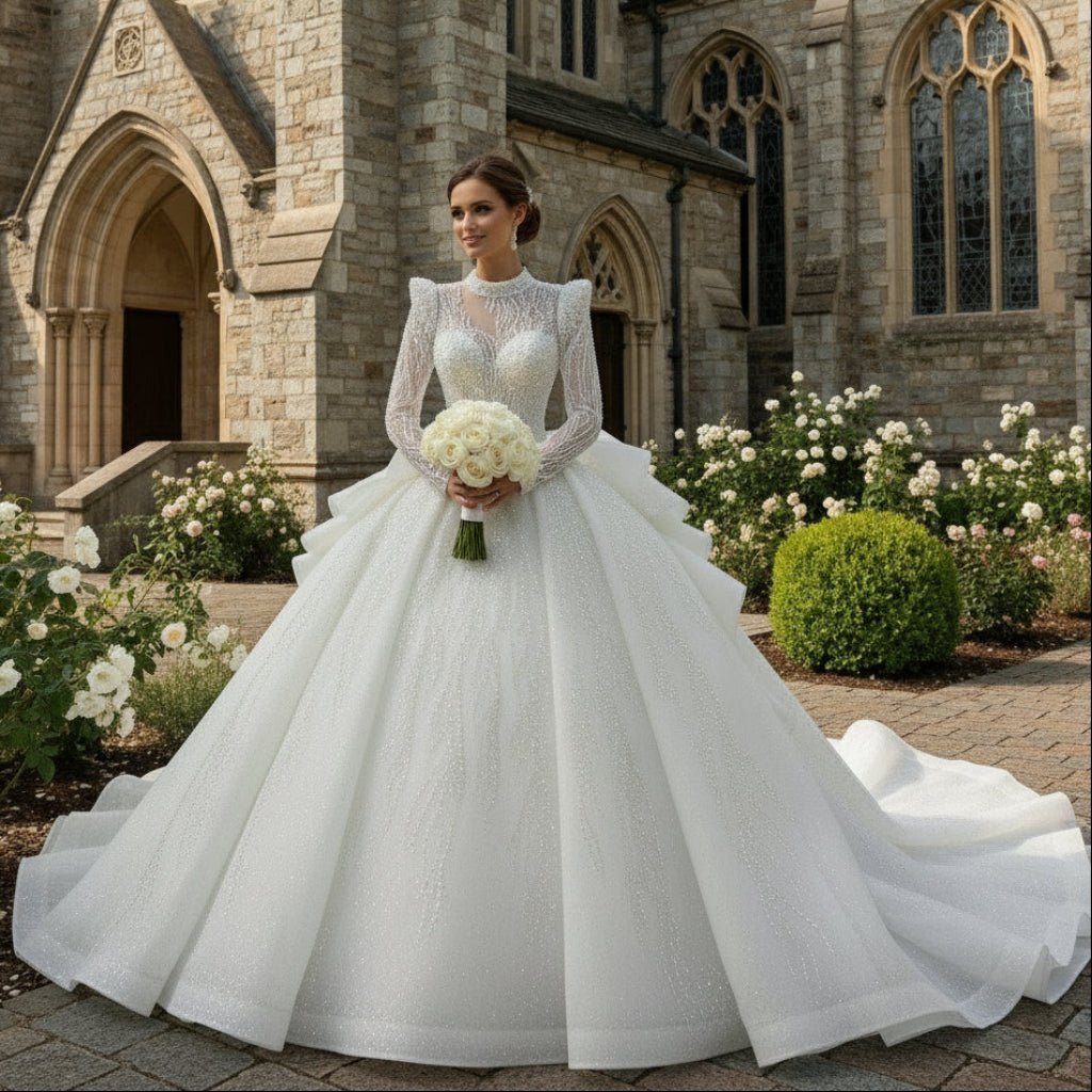 Luxury Modest High Neck Ball Gown Wedding Dress with Long Sleeve