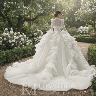 Luxury Modest High Neck Ball Gown Wedding Dress with Long Sleeve - Rosymae
