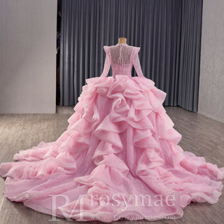 Luxury Modest High Neck Ball Gown Wedding Dress with Long Sleeve - Rosymae