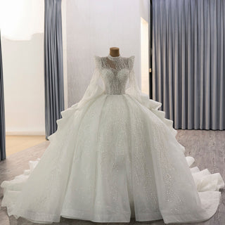 Luxury Modest High Neck Ball Gown Wedding Dress with Long Sleeve - Rosymae